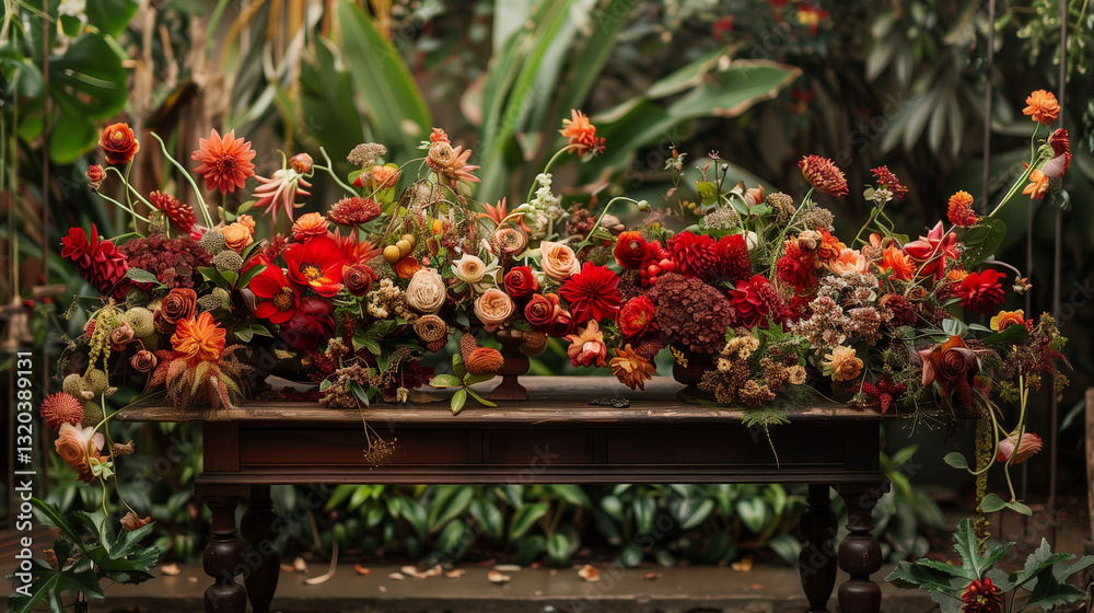 a maximalist floral arrangement with bold reds and golds a maximalist floral arrangement with bold reds and golds