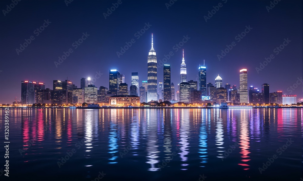 Fototapeta premium Skyline city at night with reflection in water.