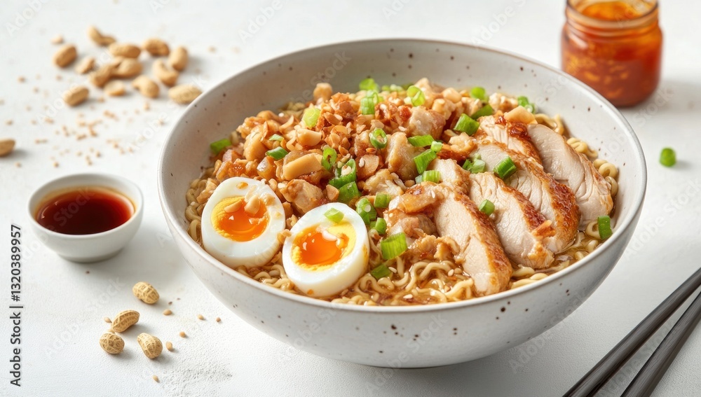 Chicken Noodle Soup Bowl with Peanut Sauce, Soft Boiled Eggs, and Chopped Green Onions Chicken Noodle Soup Bowl with Peanut Sauce, Soft Boiled Eggs, and Chopped Green Onions