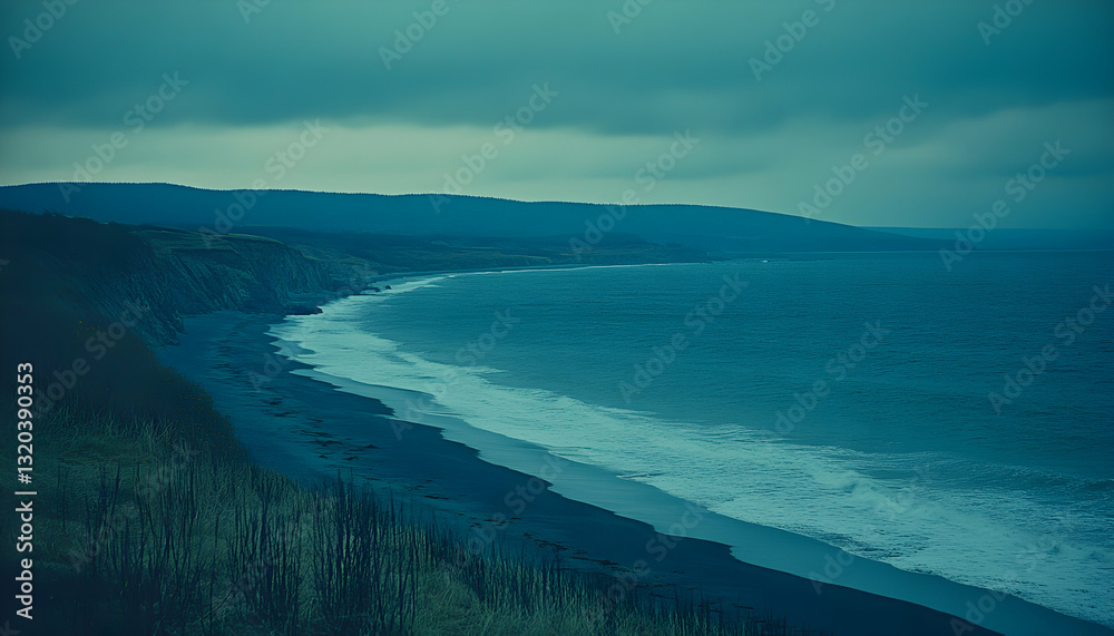 Serene coastal landscape featuring a dark sand beach meeting turquoise ocean waves under a moody sky; dramatic, tranquil atmosphere. Serene coastal landscape featuring a dark sand beach meeting turquoise ocean waves under a moody sky; dramatic, tranquil atmosphere.