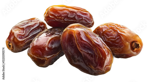 A bunch of dried fruit, including dates, are piled on a white background. The fruit is brown and he is dried