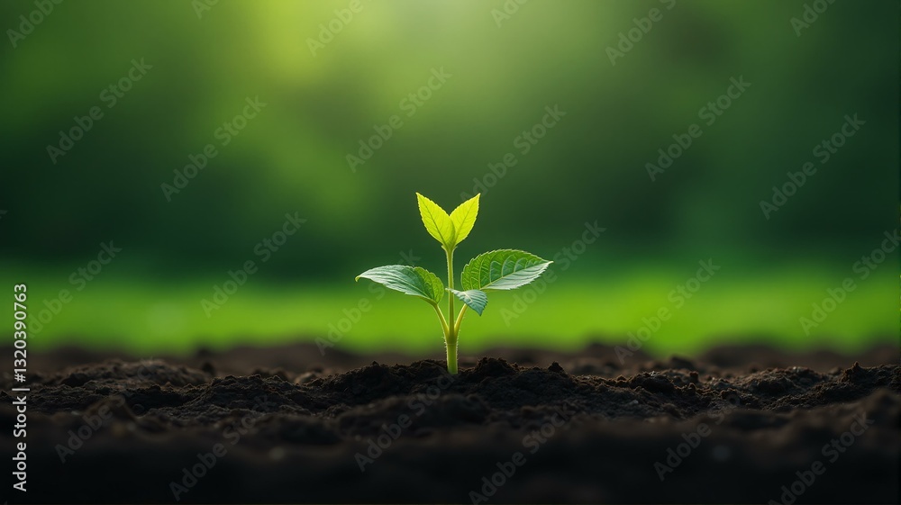 Fototapeta premium Small green plant sprouting from soil.