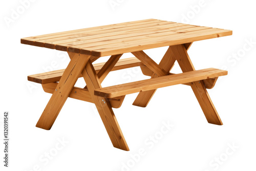 Wooden picnic table with attached benches isolated on transparent background (PNG)