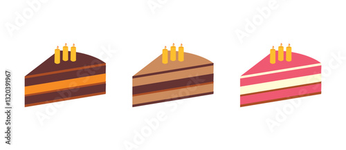 Birthday cake slices set. Sweet holiday bakery pieces collection. Pastry chocolate fruit, berry dessert with candles for breakfast. Vector hand drawn flat cartoon illustration