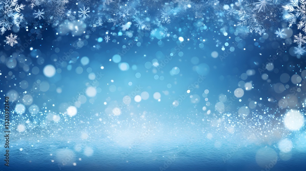 Fototapeta premium Winter wonderland blue glitter snow ornament background with radiant sparkling effects
