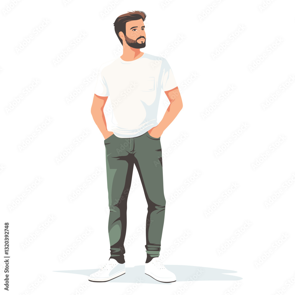 Young Man standing with hands in pockets character isolated on a white background, Flat style cartoon vector illustration Young Man standing with hands in pockets character isolated on a white background, Flat style cartoon vector illustration