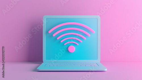 modern laptop displaying vibrant wireless signal icon in pink and blue. This represents emerging trends in wireless technology and connectivity