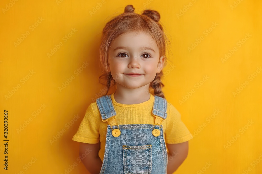 Cheerful child in denim overalls and yellow shirt against bright yellow background Cheerful child in denim overalls and yellow shirt against bright yellow background