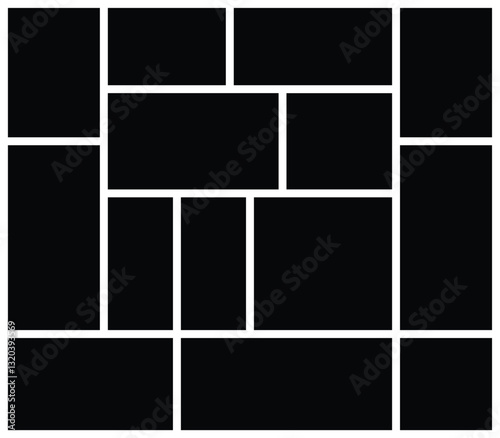 14 Empty Collage Photo Template with Geometric Grid. Versatile Picture Frame Layout for Photo Montage. background and rectangle shape for moodboard. Texture pattern for picture display presentation.