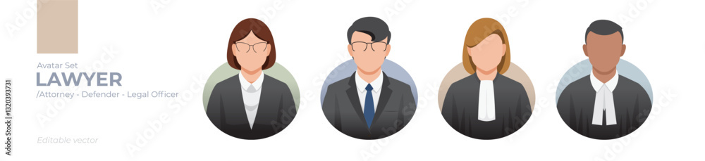 Lawyer picture avatar icons. Illustration of men and women wearing robes suit Lawyer picture avatar icons. Illustration of men and women wearing robes suit