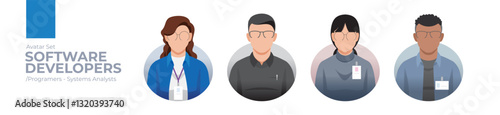 Software Developers picture avatar icons. Illustration of men and women various outfit