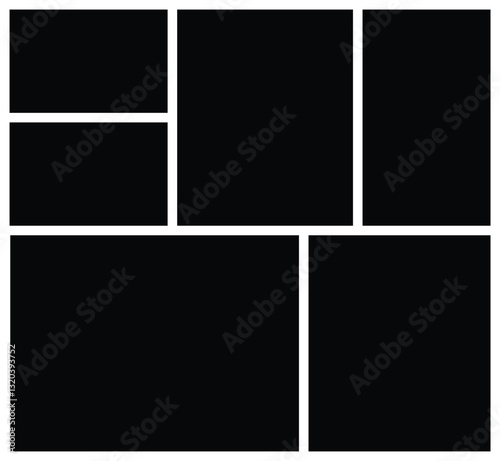 6 Empty Collage Photo Template with Geometric Grid. Versatile Picture Frame Layout for Photo Montage. background and rectangle shape for moodboard. Texture pattern for picture display presentation.