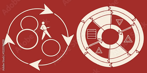 Rotation arrows in circular motion. Circle arrow combinations. Set of circular infographics. Graphic diagram. Design element. Vector illustration isolated on red background.