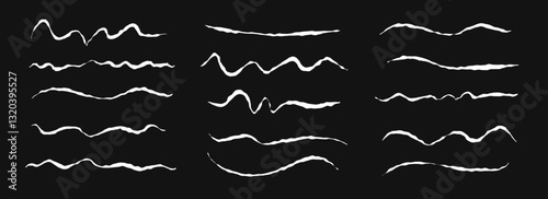 Hand drawn chalk wavy line set. White pastel squiggle underline and stroke collection. Crayon wave brushstroke bundles. Rough sketch marks and highlights for divide, separate and emphasis. Vector