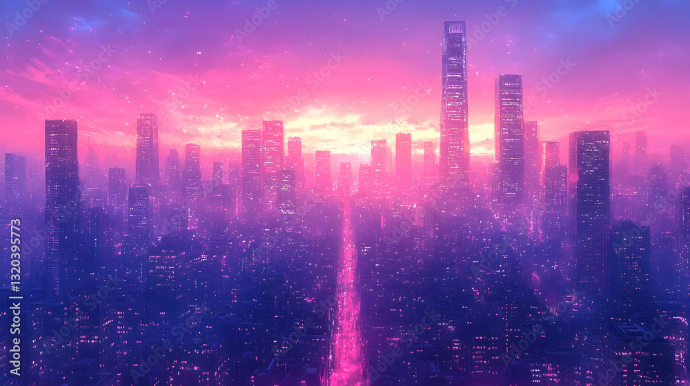 Fototapeta premium Futuristic city skyline at dawn