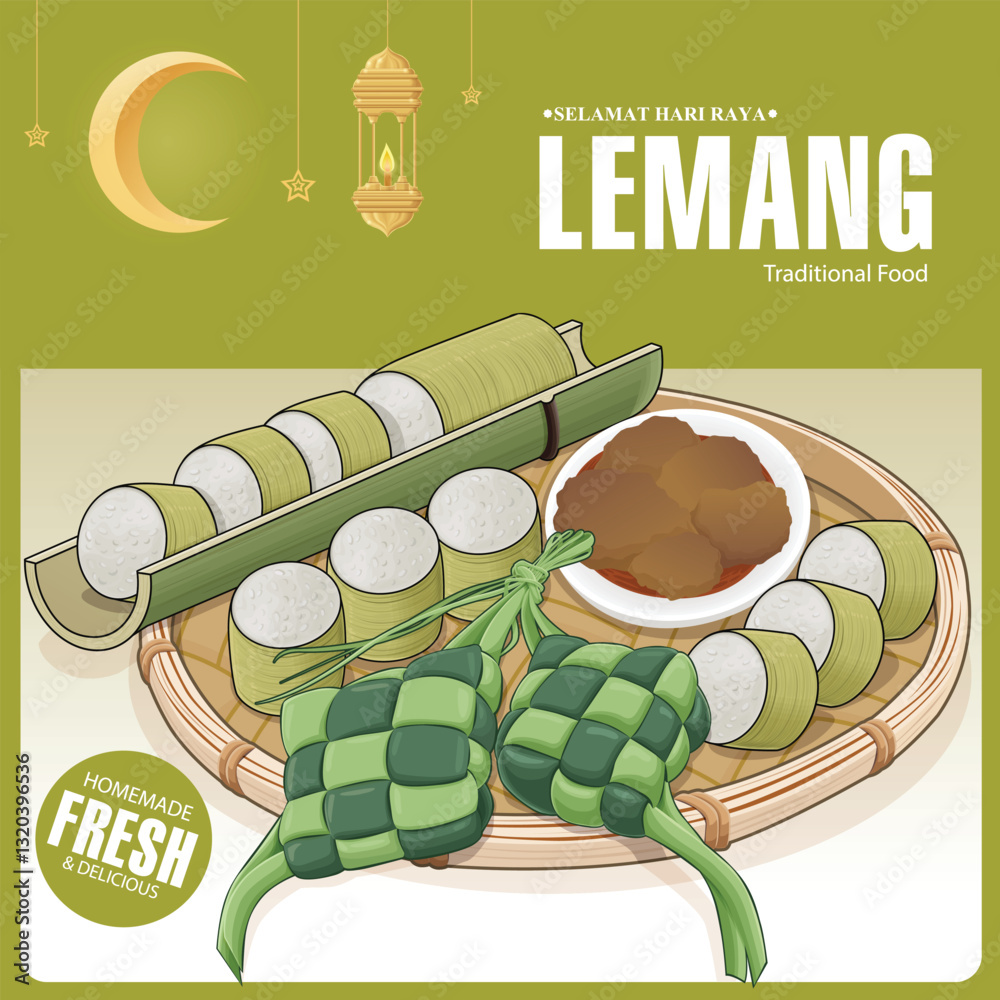 Hari Raya Aidilfitri background design with ketupat, lemang. Malay means Fasting day celebration, I seek forgiveness, physically and spiritually.