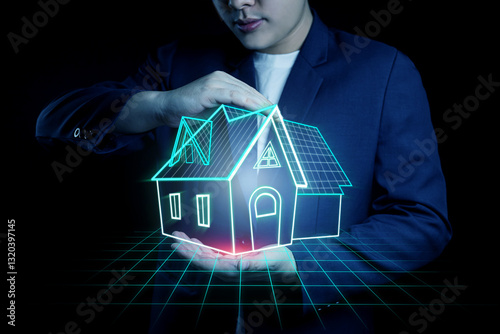 Man shows virtual house structure. Concept of architects in creating smart building systems, technology in house plan design and structural analysis to enhance efficiency and speed up work processes.