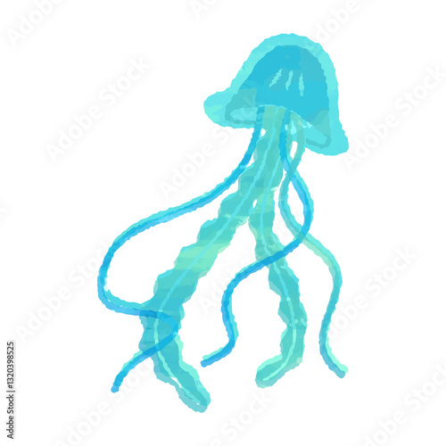 Vector illustration of a collaged jellyfish. Sea creature painted with watercolors or crayons.