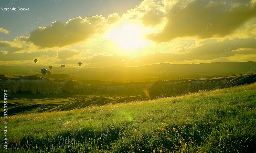 Obraz premium Golden sunrise over Cappadocia, Turkey, with hot air balloons floating above a vibrant green field and unique rock formations.