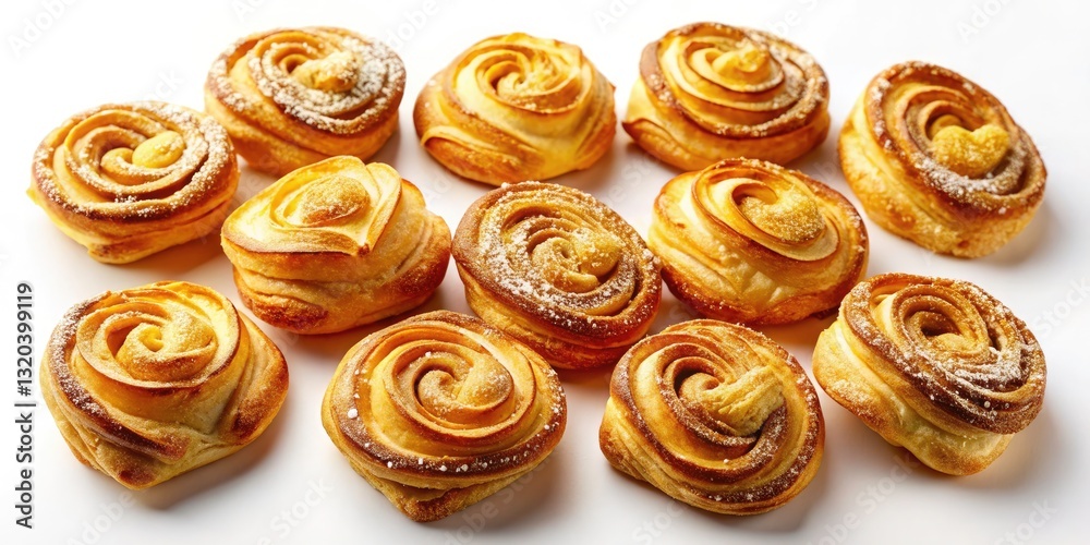 Fototapeta premium Aerial View Golden Brown Pastries, Delicious Baked Goods, Overhead Shot, White Background, Food Photography