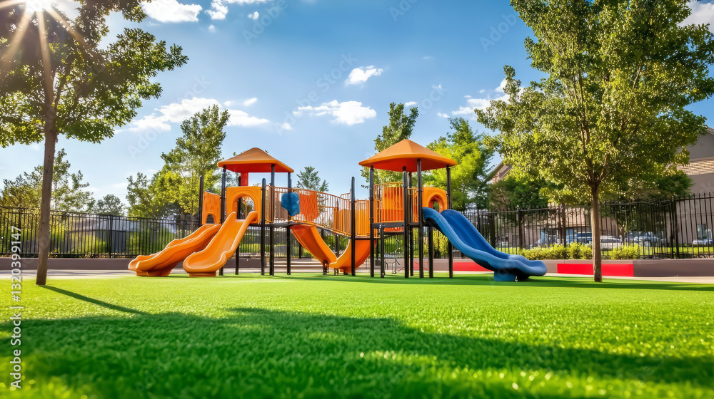 Colorful playground equipment with slides on artificial turf under blue sky Colorful playground equipment with slides on artificial turf under blue sky
