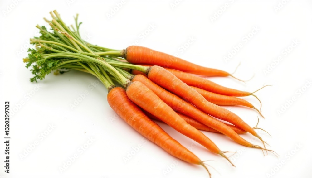 A fresh bunch of vibrant orange carrots, with their long green stalks still attached, are neatly arranged on a pure white background A fresh bunch of vibrant orange carrots, with their long green stalks still attached, are neatly arranged on a pure white background