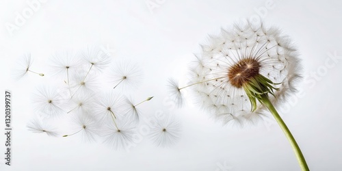 Airy Minimalist Dandelion Close-Up with Floating Seeds on White Background for Tranquil Nature Aesthetics