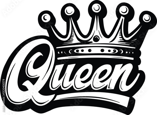 Queen Text Logo With Crown icon. Queen word graffiti black typography.