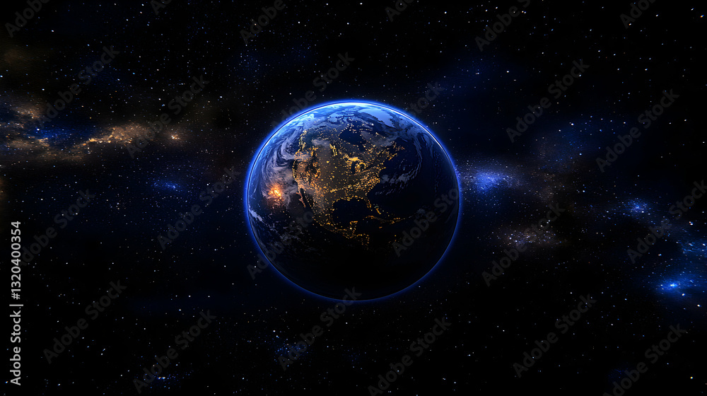 Stunning nighttime view of Earth from space, showcasing city lights against a backdrop of stars and nebulae. Ideal for science, travel, or environmental projects. Stunning nighttime view of Earth from space, showcasing city lights against a backdrop of stars and nebulae. Ideal for science, travel, or environmental projects.