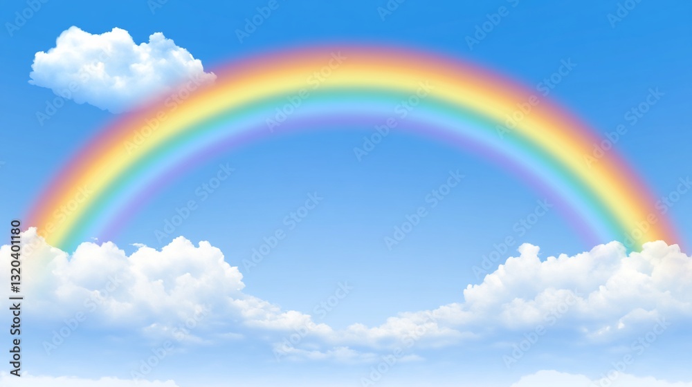 Rainbow arching over fluffy clouds, sunny sky Rainbow arching over fluffy clouds, sunny sky