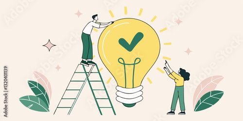 3D vector Yellow light bulb with Green correct mark verify isolated on pastel background. startup icreativity idea technology innovation vision combine investment concept. 3d render illustration
