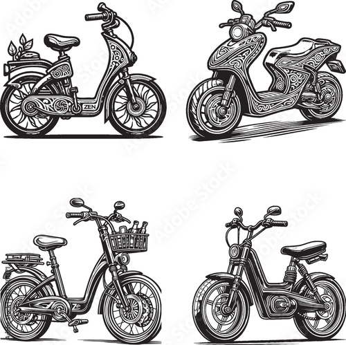 "Set of Vintage Electric Scooters and Mopeds - Black and White Vector Art"
