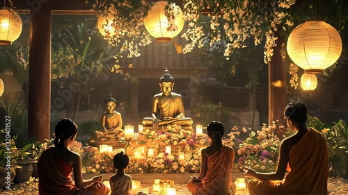 Serene Buddhist Temple at Dusk: A Digital Painting of Monks Meditating