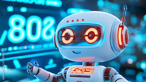 Cute Robot with Glowing Eyes and Antenna in a Futuristic Setting