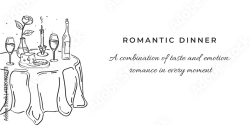 Romantic vintage vector illustration. Romantic dinner date. Elegant vintage template with hand drawn cheese, wine and flowers for invitations, menus, greeting cards.