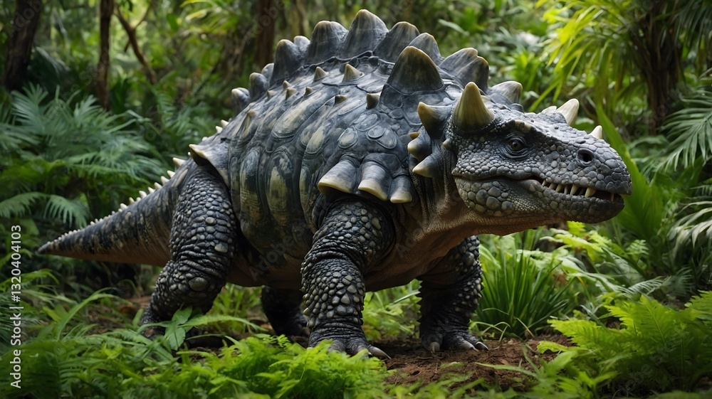 Fototapeta premium Quiet Feast: An Ankylosaurus Grazing in the Verdant Prehistoric Forest