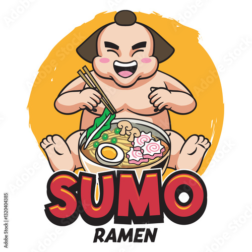 Vector Illustration of Sumo Eating Ramen with Cute Illustration Available for Tshirt Design