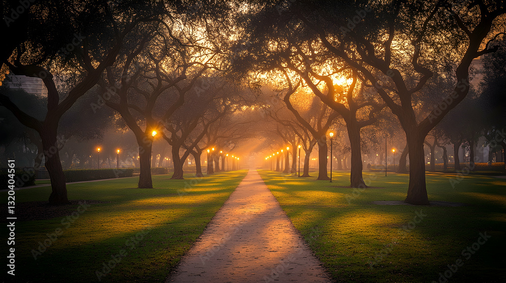 Fototapeta premium Misty park path at dawn
