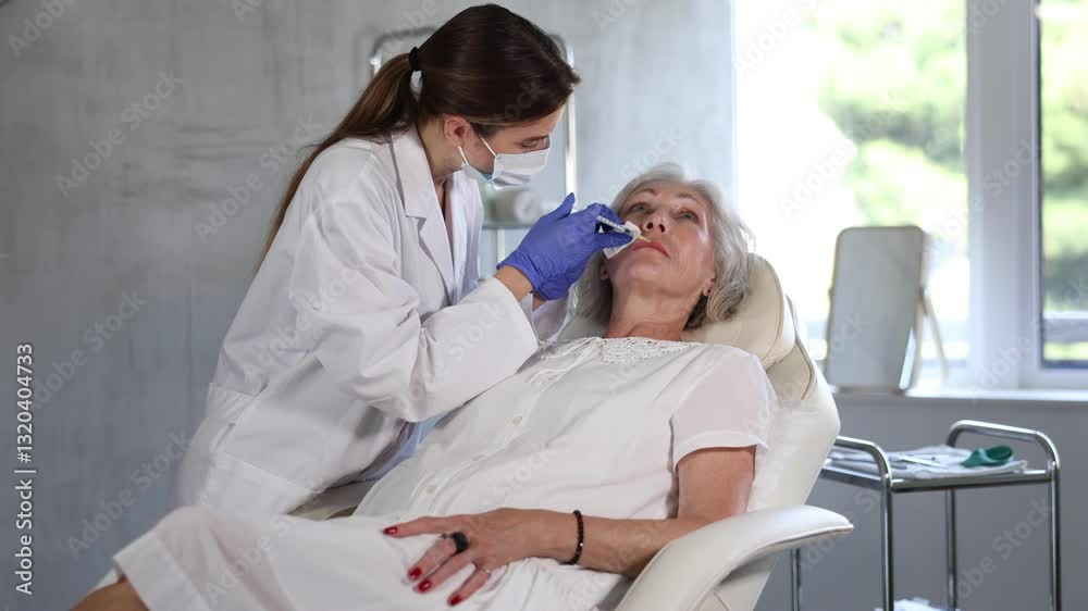 Eldery woman is getting a rejuvenating facial injections. She is lying calmly at clinic.