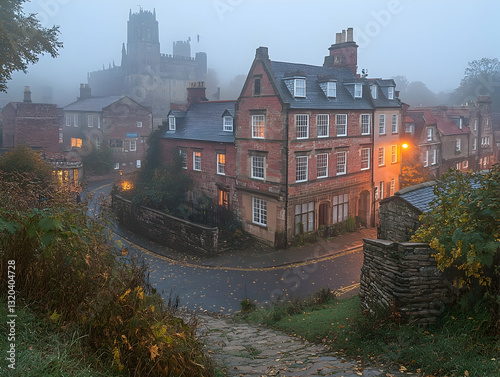 Misty village scene, autumn morning photo