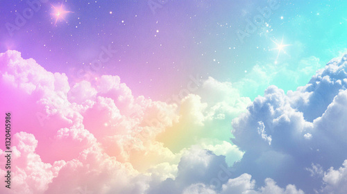 Holographic Fantasy Rainbow Background with Clouds and Stars photo