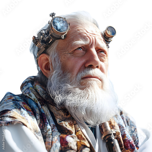 Steampunk Elder Contemplating, Wearing Goggles with Cosmos Imagery, Isolated on Transparent Background