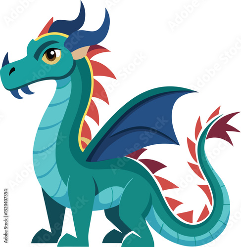 Teal Dragon Character Illustration Vector, A vibrant teal dragon with red spiked features and large wings, designed in a fun vector art style.
