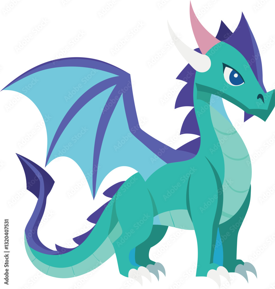Obraz premium Teal Dragon Character Illustration Vector, A sleek, stylized teal dragon with blue wings and a sharp expression, created in a colorful vector art style. 
