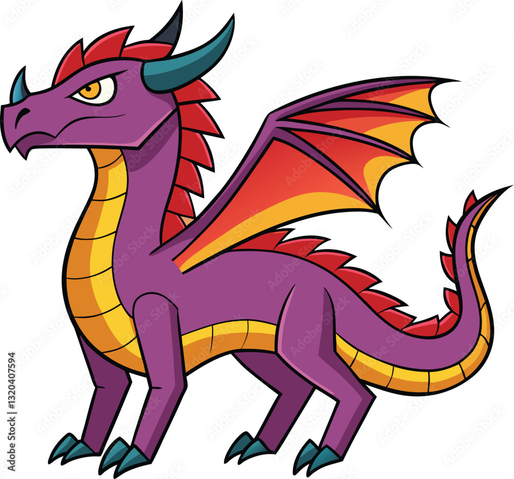Naklejka premium Purple Dragon Character Illustration Vector, A bold and fierce cartoon purple dragon with fiery orange wings, created in a modern vector art style.