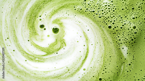 frothy matcha latte with its signature vibrant green color and delicate swirling foam patterns, a macro and full-frame texture shot, close-up texture, top view