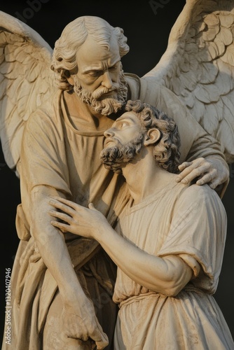 Emotional encounter between Abraham and angel during the sacrifice of Isaac in a serene yet tense moment photo