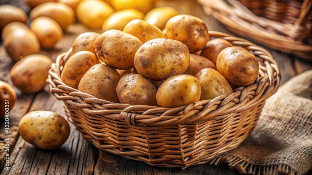 Freshly Harvested Potatoes in a Rustic Basket on Wooden Table Freshly Harvested Potatoes in a Rustic Basket on Wooden Table