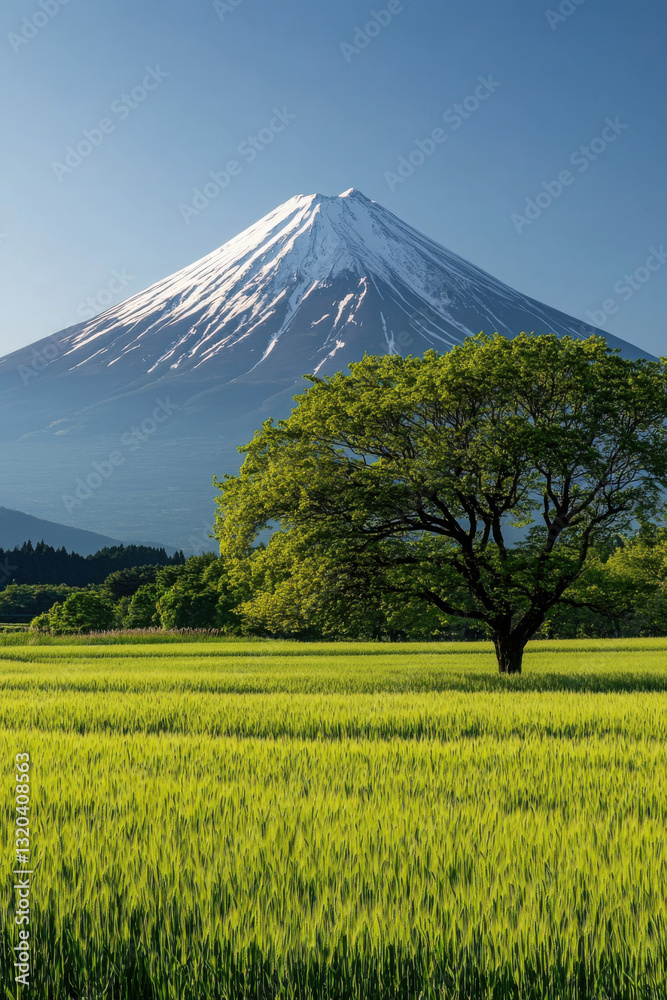 Fototapeta premium Majestic snow-capped mountain stands tall behind lush green fields and a solitary tree under a clear blue sky.