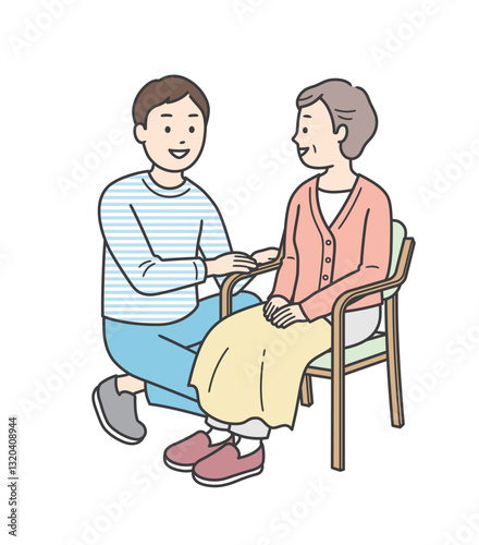 車椅子の高齢女性と会話をする男性の全身イラスト